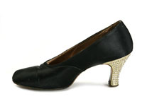 Shoe-Icons / Shoes / Black satin pumps with rhinestone encrusted heels.