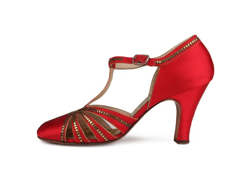 Shoe-Icons / Shoes / Red satin T-strap shoes^ decorated with metallic ...