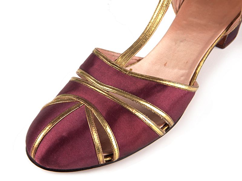 Shoe-Icons / Shoes / Dark scarlet satin open shoes with gold leather ...