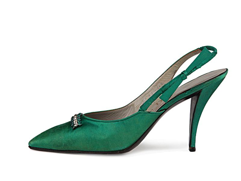 Shoe-Icons / Shoes / Green satin stiletto slingback, decorated with ...