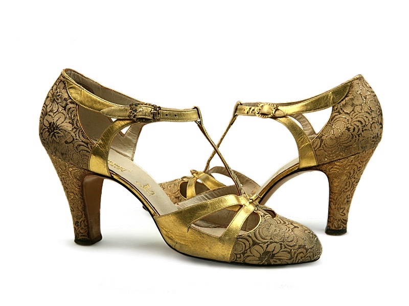 Shoe-Icons / Shoes / T-strap gold brocade and leather high heel shoes ...