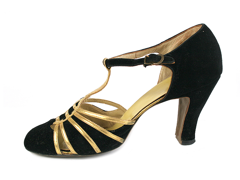 Shoe-Icons / Shoes / Glamour Black Velvet & Gold Strappy Heel Shoes.
